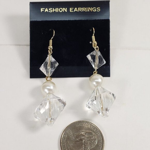Clear Twisted Bead Drop Earrings w/ Off-White Accent Modern Statement Dangle - Picture 6 of 8
